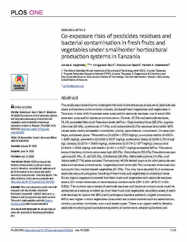 Article_Co-exposure risks of pesticides residues and bacterial contamination in fresh fruits and vegetables under smallholder horticultural production systems in Tanzania