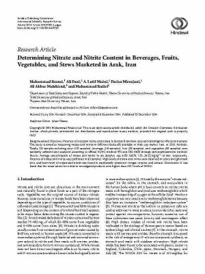 Article_Determining Nitrate and Nitrite Content in Beverages, Fruits, Vegetables, and Stews Marketed in Arak, Iran