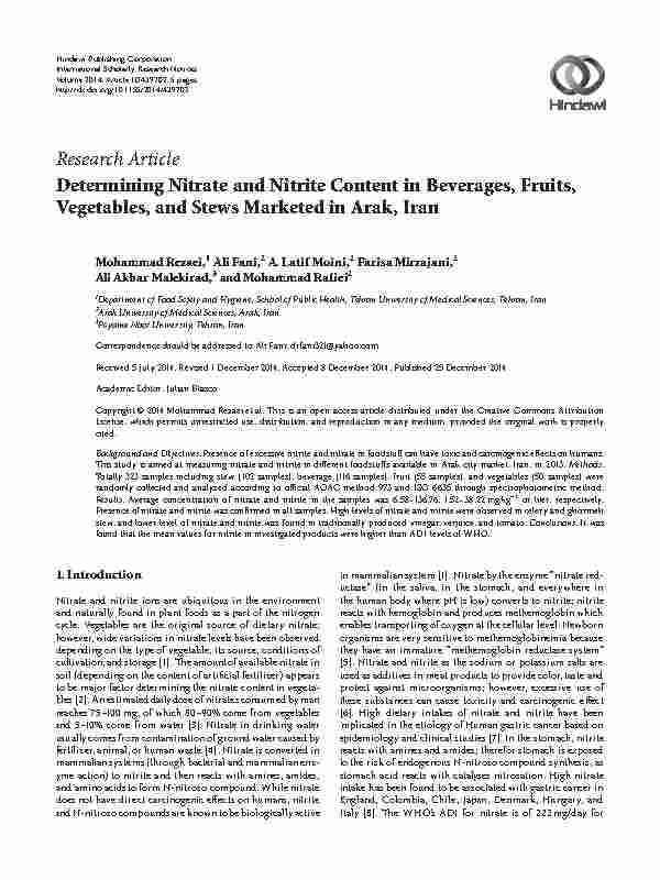 Article_Determining Nitrate and Nitrite Content in Beverages, Fruits, Vegetables, and Stews Marketed in Arak, Iran