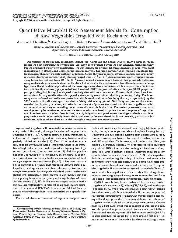 Article_Quantitative Microbial Risk Assessment Models for Consumption of Raw Vegetables Irrigated with Reclaimed Water